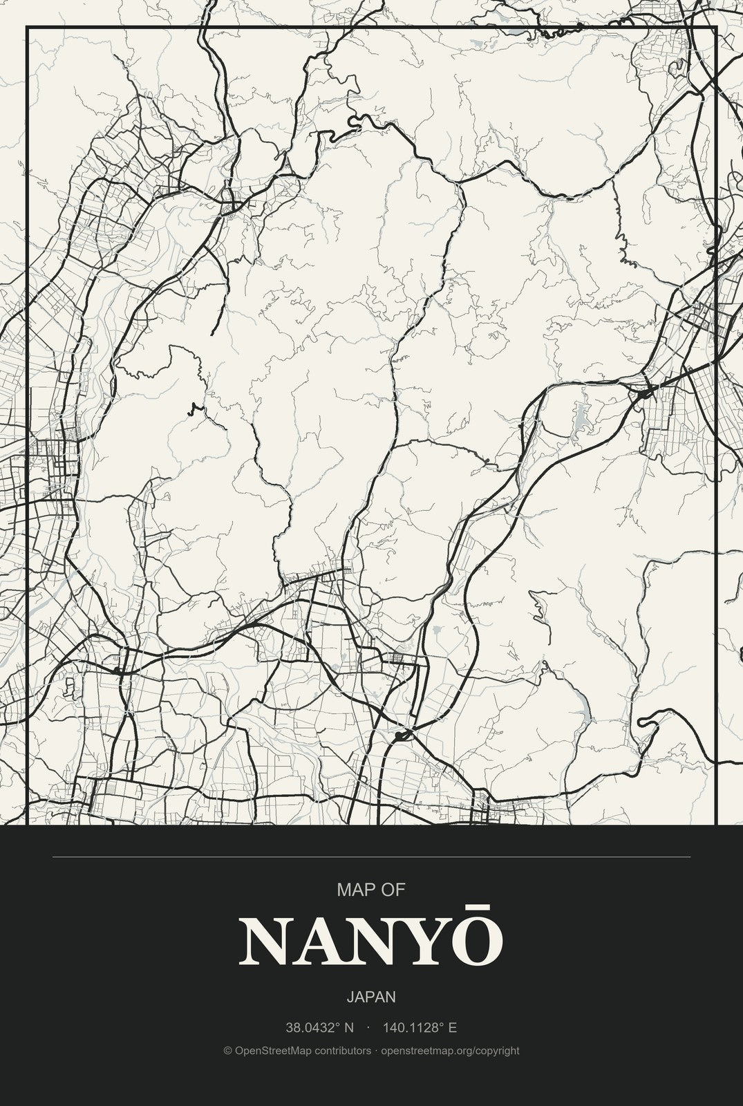 Nanyō, Japan City Map Aluminum Sign in Museum Plaque style