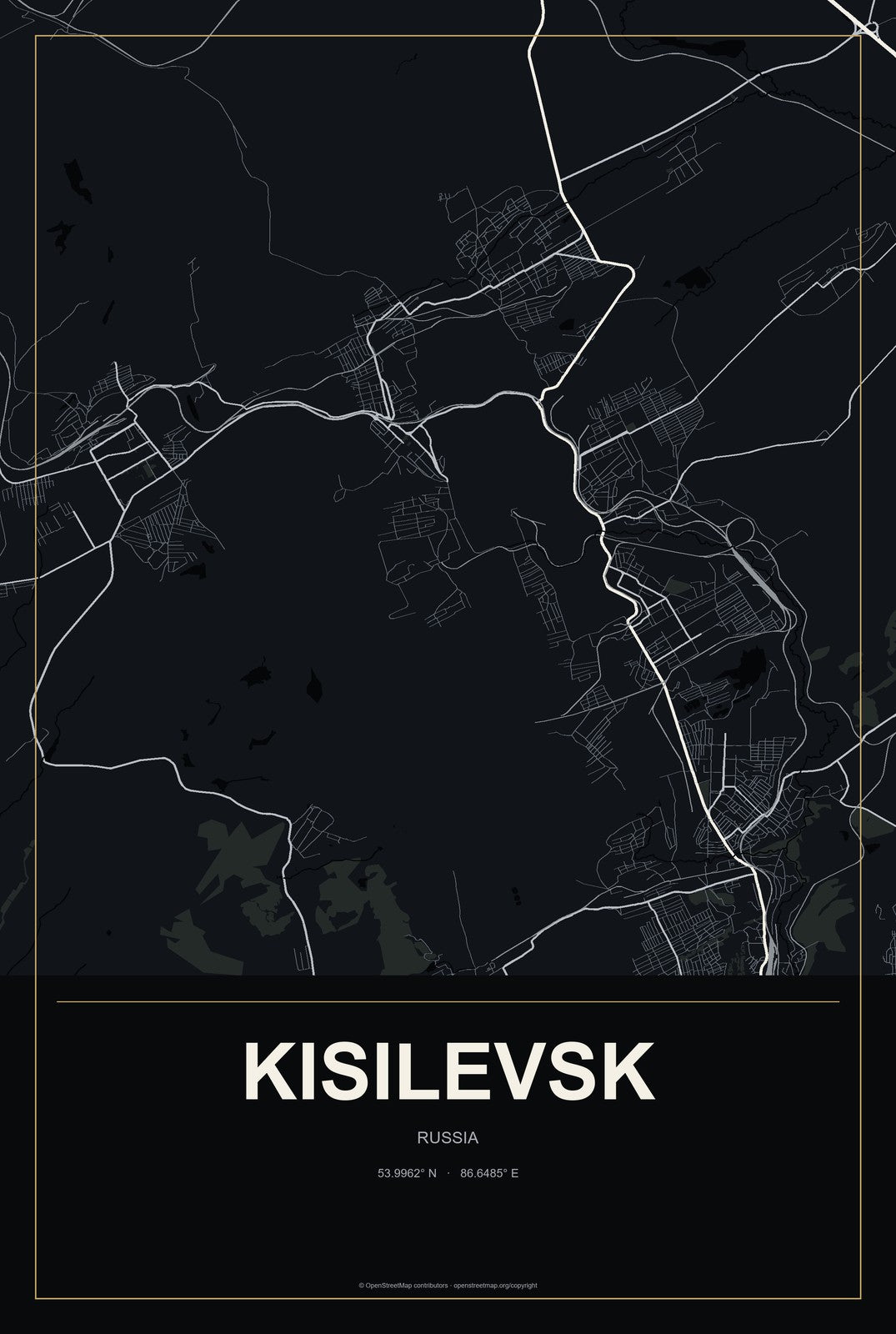 Kisilevsk, Russia City Map Aluminum Sign in Metropolitan Noir style