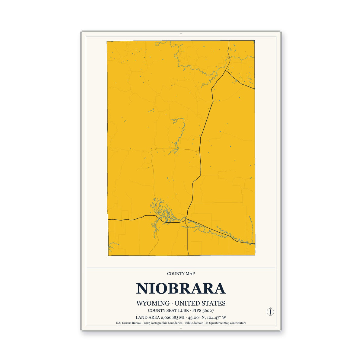 Niobrara County, Wyoming Map Aluminum Sign in Citrine Modern style