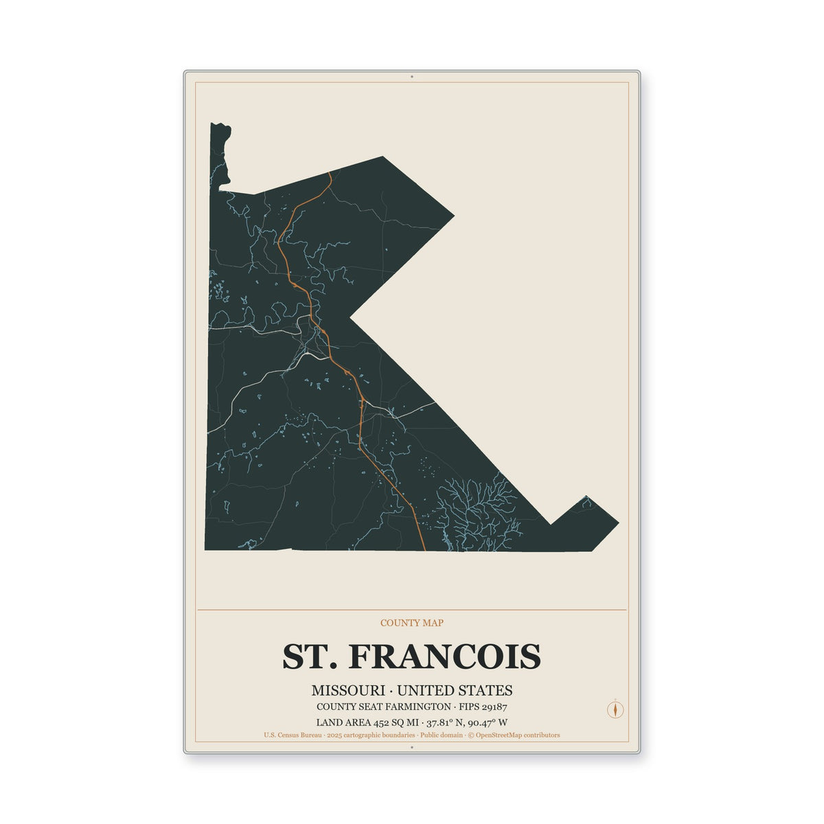 St. Francois County, Missouri Map Aluminum Sign in Headline Atlas style