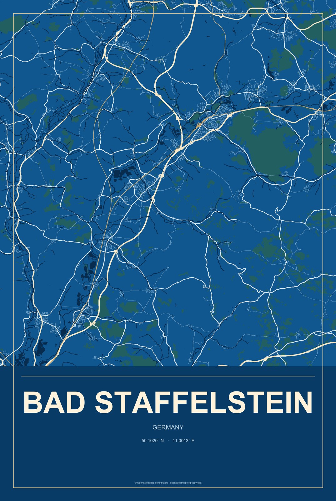 Bad Staffelstein, Germany City Map Aluminum Sign in Harbor Cobalt style