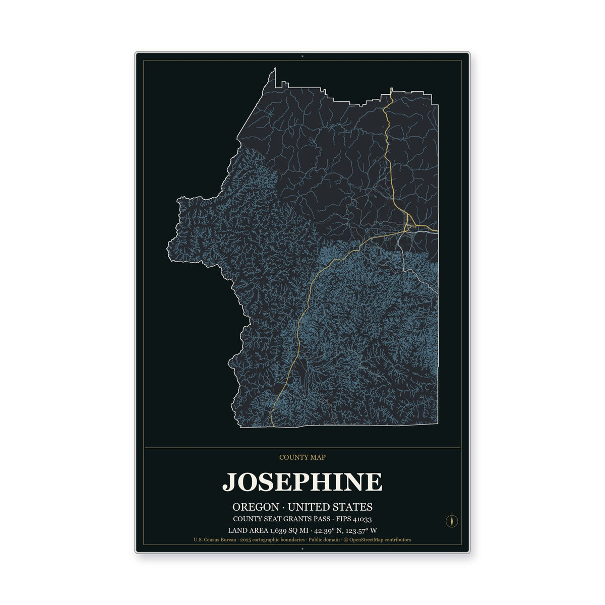 Josephine County, Oregon Map Aluminum Sign in Metropolitan Noir style