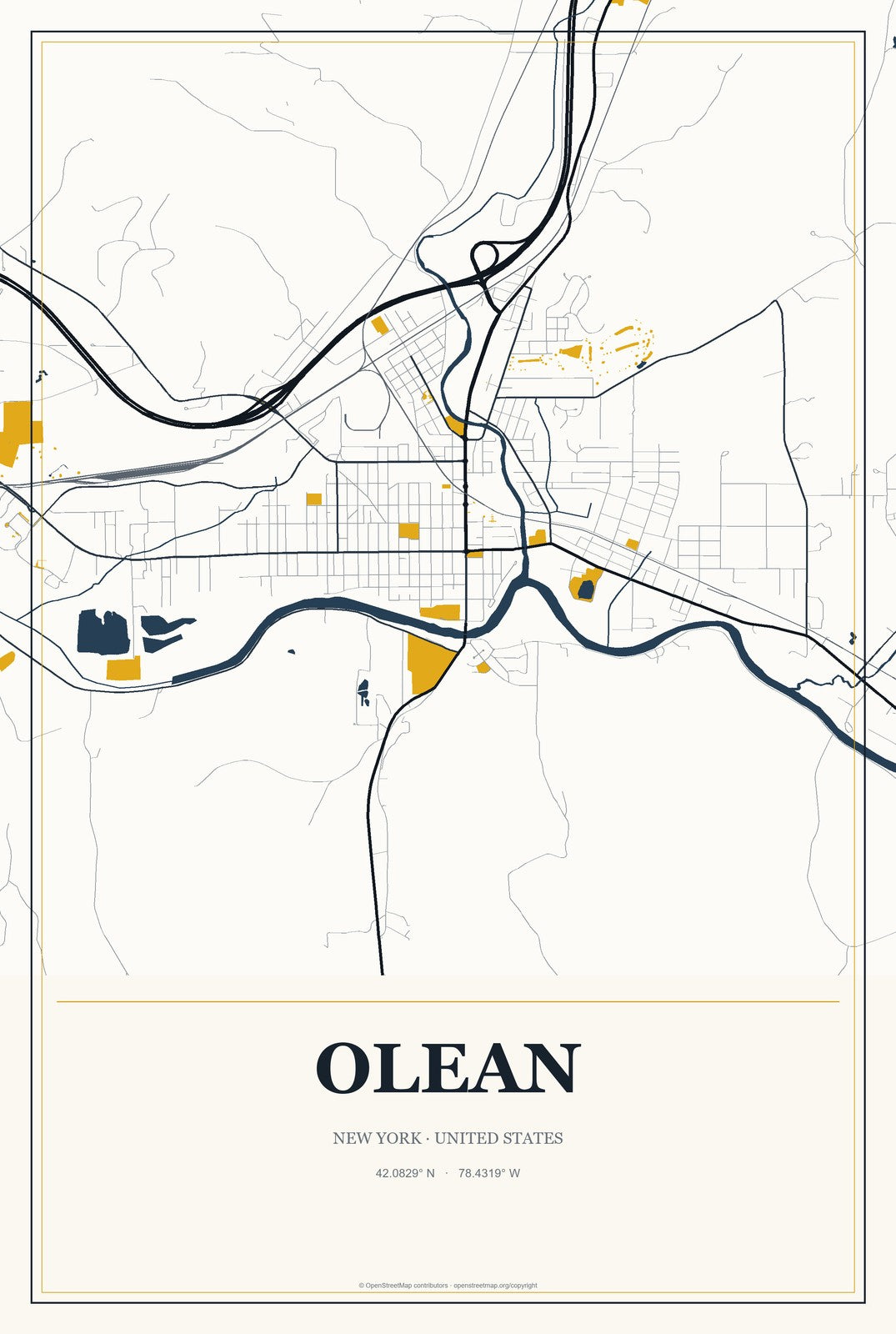 Olean, New York City Map Aluminum Sign in Citrine Modern style
