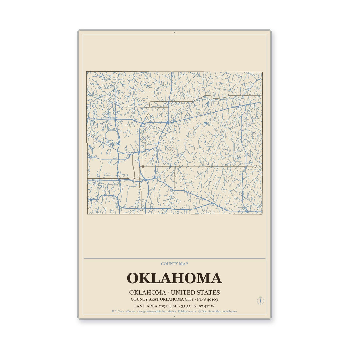 Oklahoma County, Oklahoma Map Aluminum Sign in Heritage Nautical style