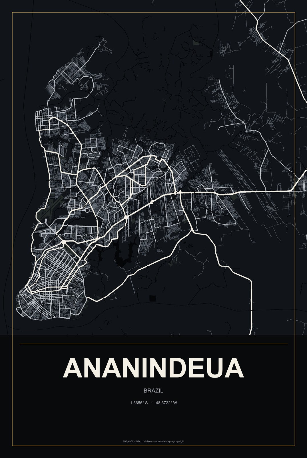 Ananindeua, Brazil City Map Aluminum Sign in Metropolitan Noir style