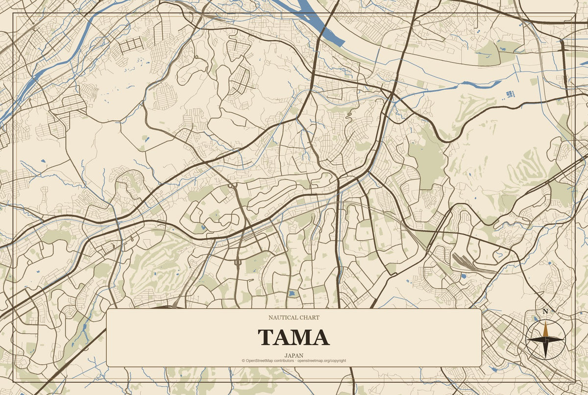 Tama, Japan City Map Aluminum Sign in Heritage Nautical style