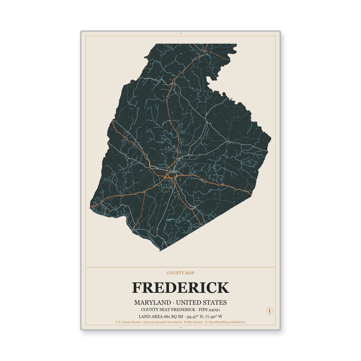 Frederick County, Maryland Map Aluminum Sign in Headline Atlas style