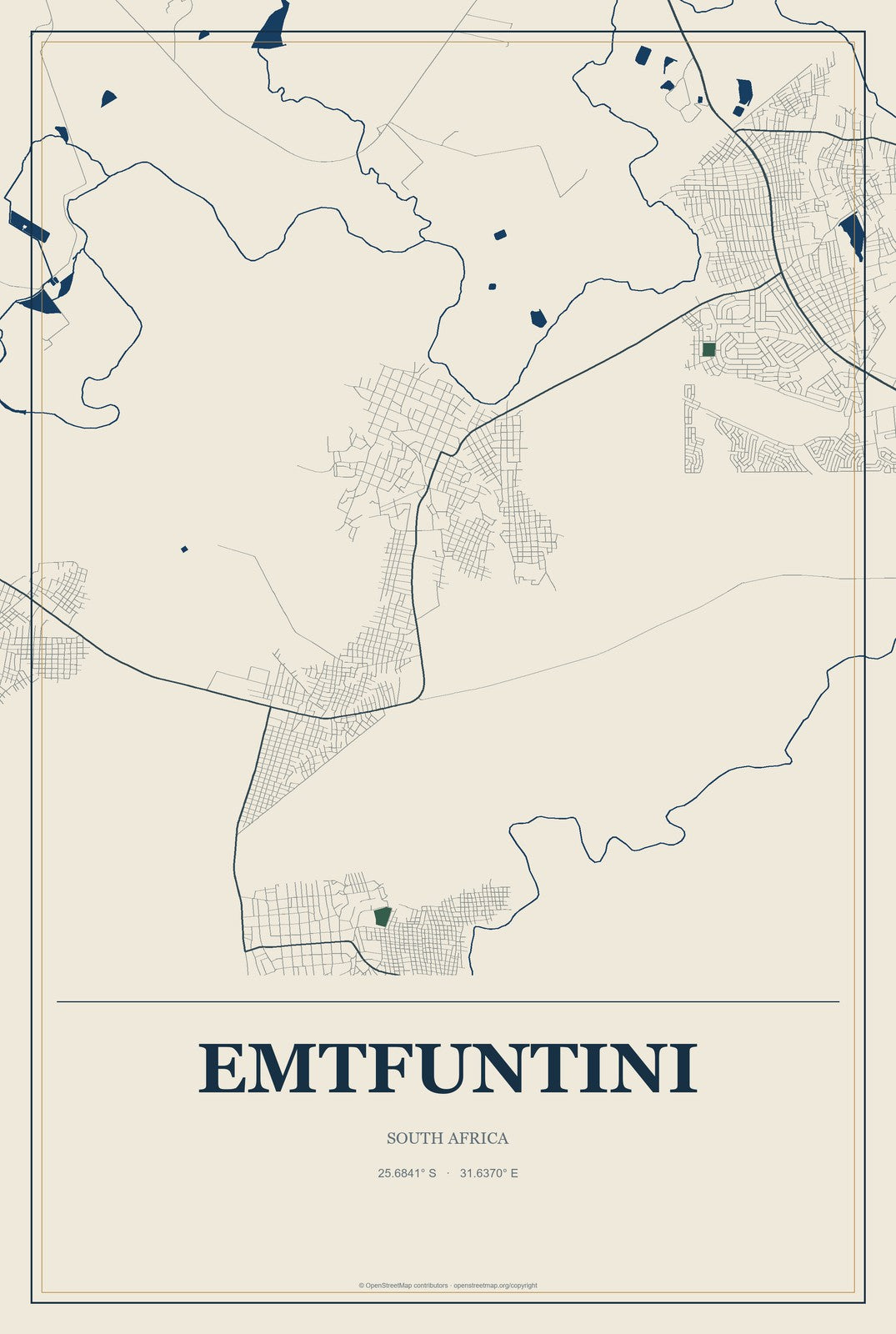 Emtfuntini, South Africa City Map Aluminum Sign in Coastal Cutout style