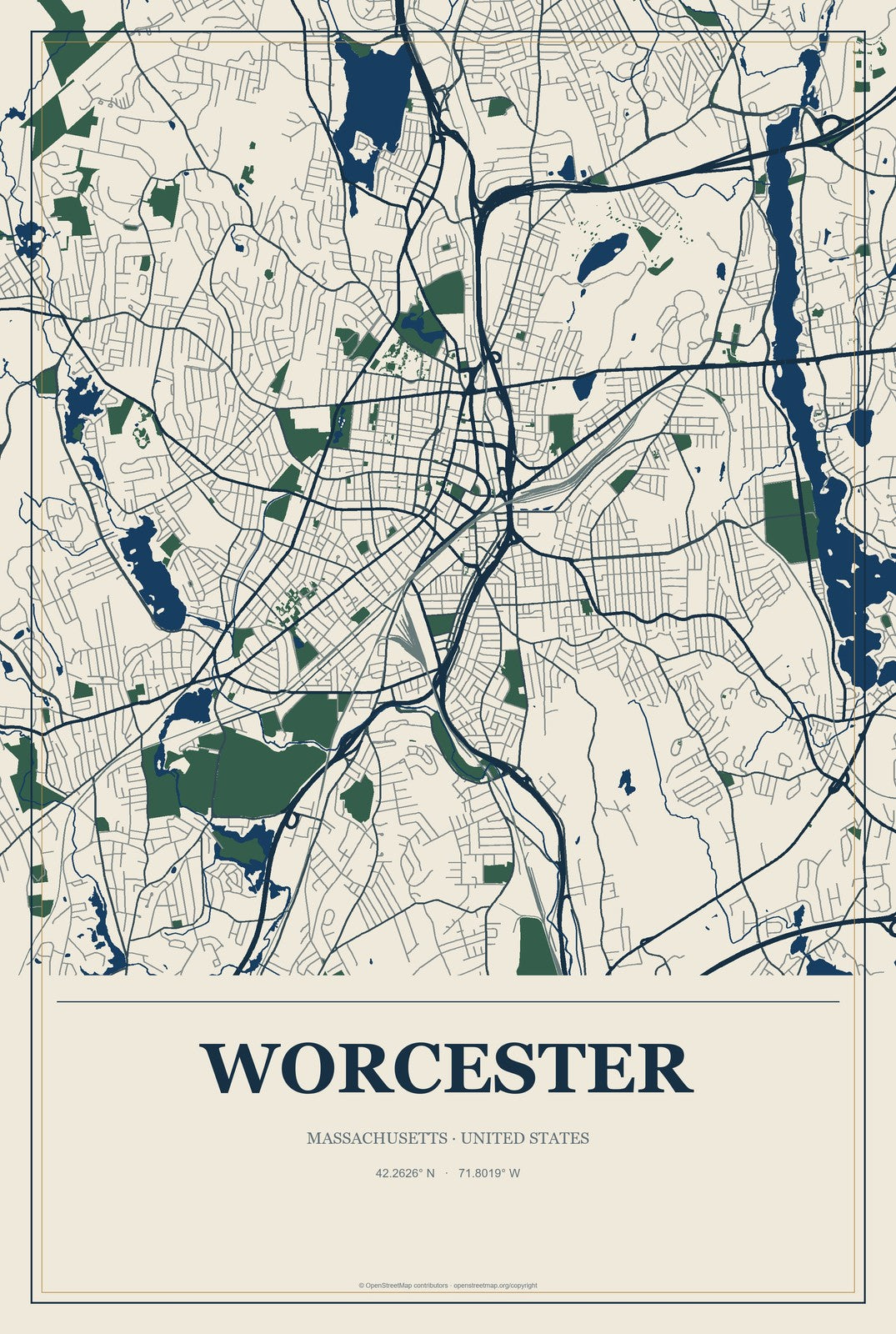 Worcester, Massachusetts City Map Aluminum Sign in Coastal Cutout style