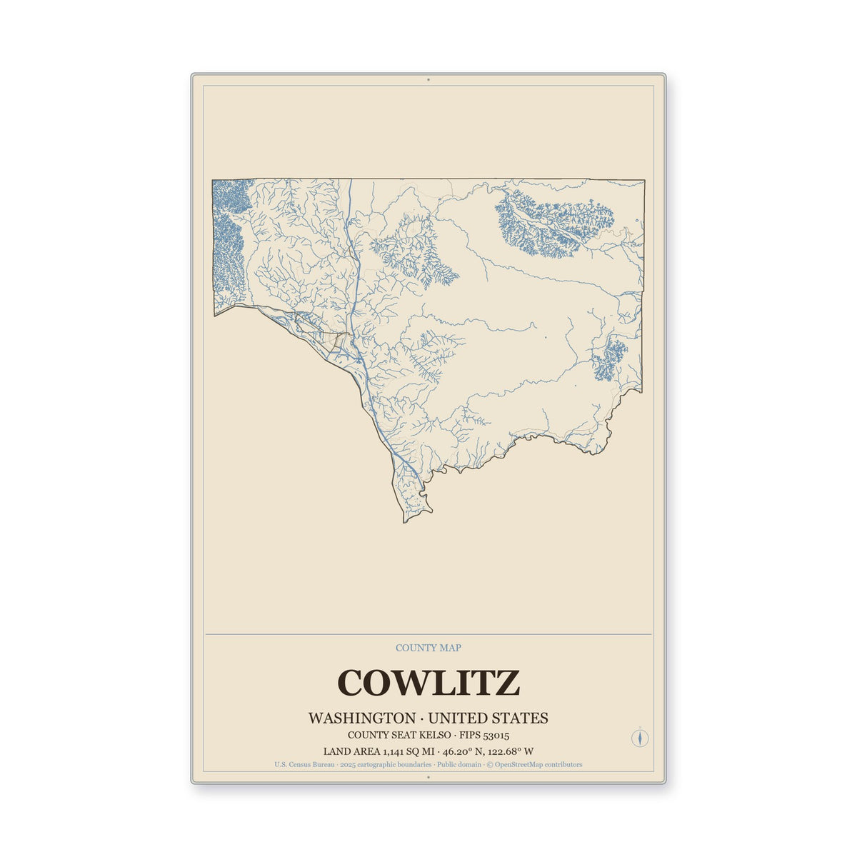 Cowlitz County, Washington Map Aluminum Sign in Heritage Nautical style