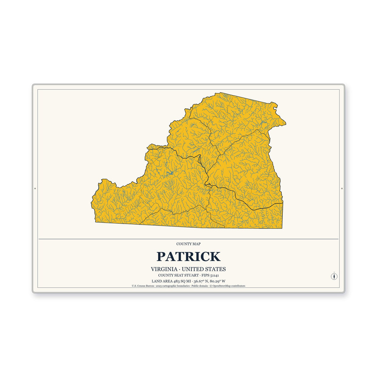Patrick County, Virginia Map Aluminum Sign in Citrine Modern style