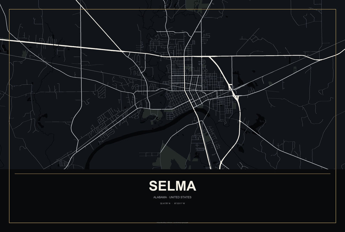 Selma, Alabama City Map Aluminum Sign in Metropolitan Noir style