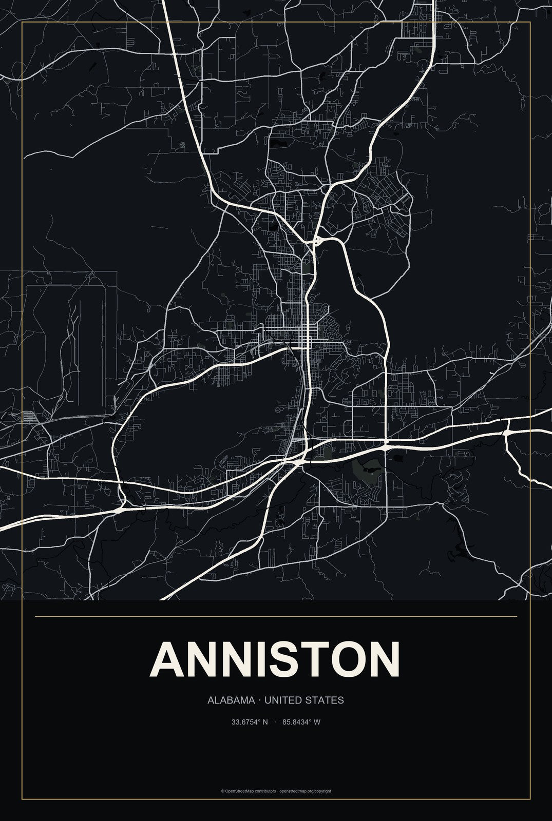 Anniston, Alabama City Map Aluminum Sign in Metropolitan Noir style