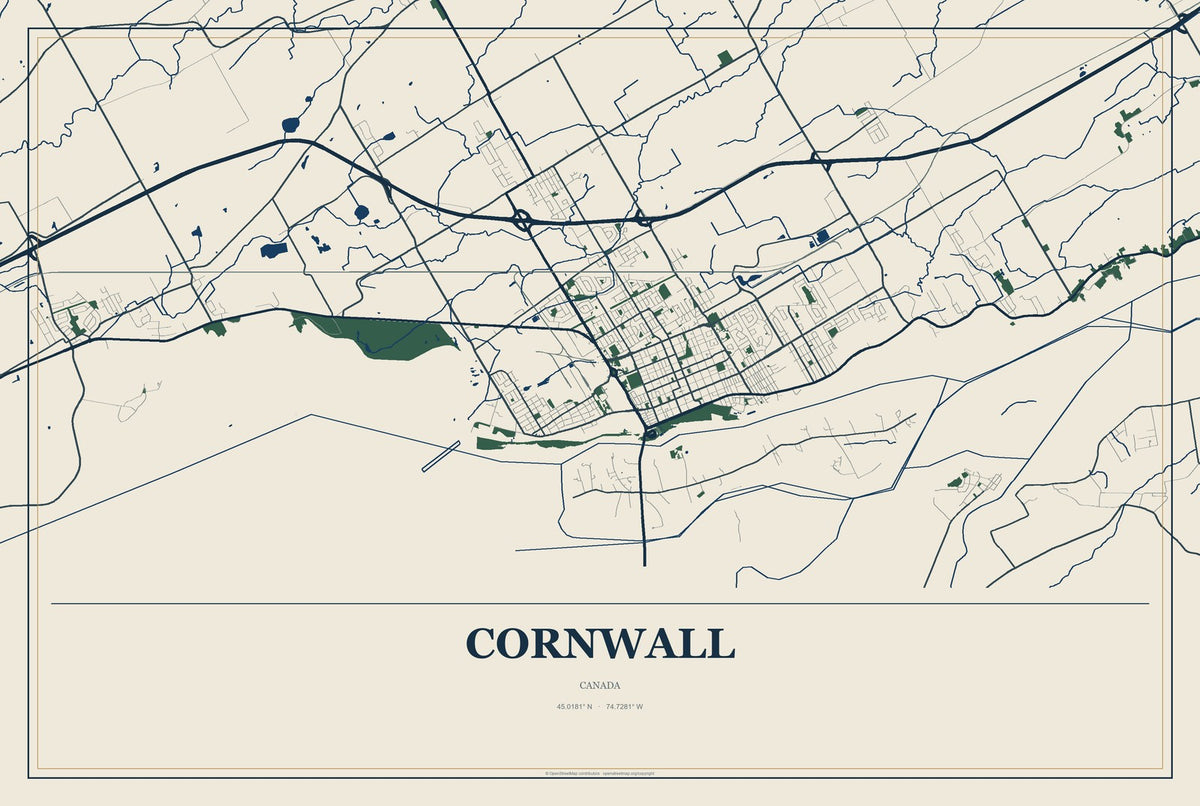 Cornwall, Canada City Map Aluminum Sign in Coastal Cutout style