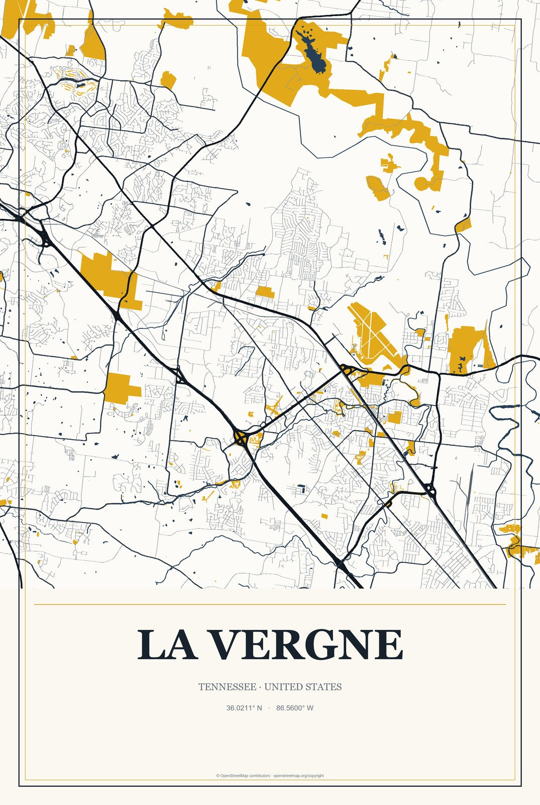 La Vergne, Tennessee City Map Aluminum Sign in Citrine Modern style