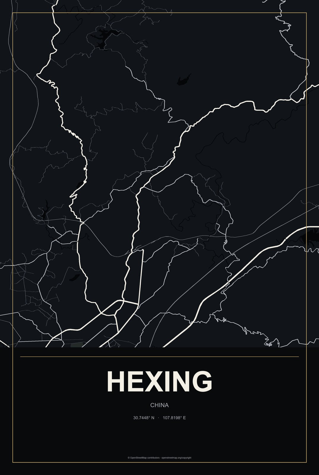 Hexing, China City Map Aluminum Sign in Metropolitan Noir style