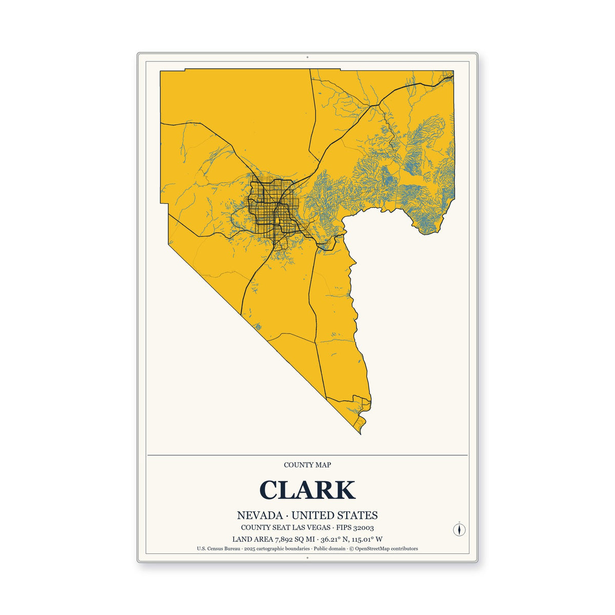 Clark County, Nevada Map Aluminum Sign in Citrine Modern style