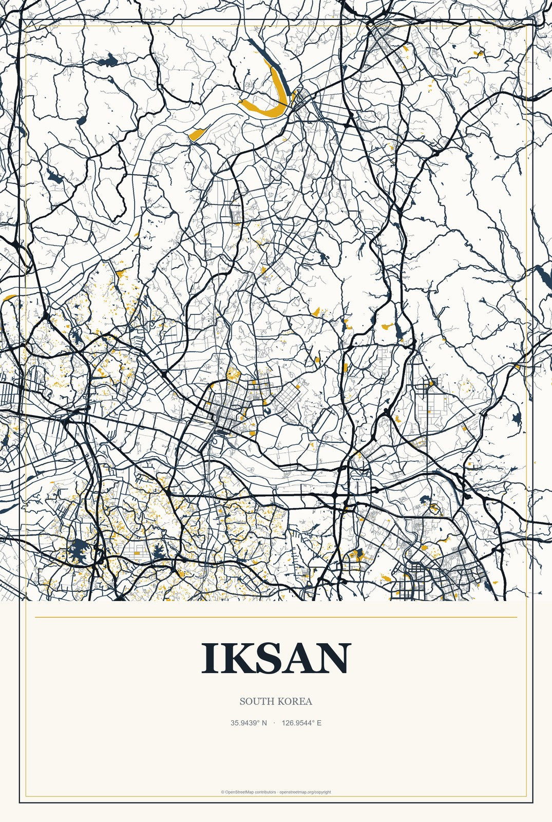 Iksan, South Korea City Map Aluminum Sign in Citrine Modern style