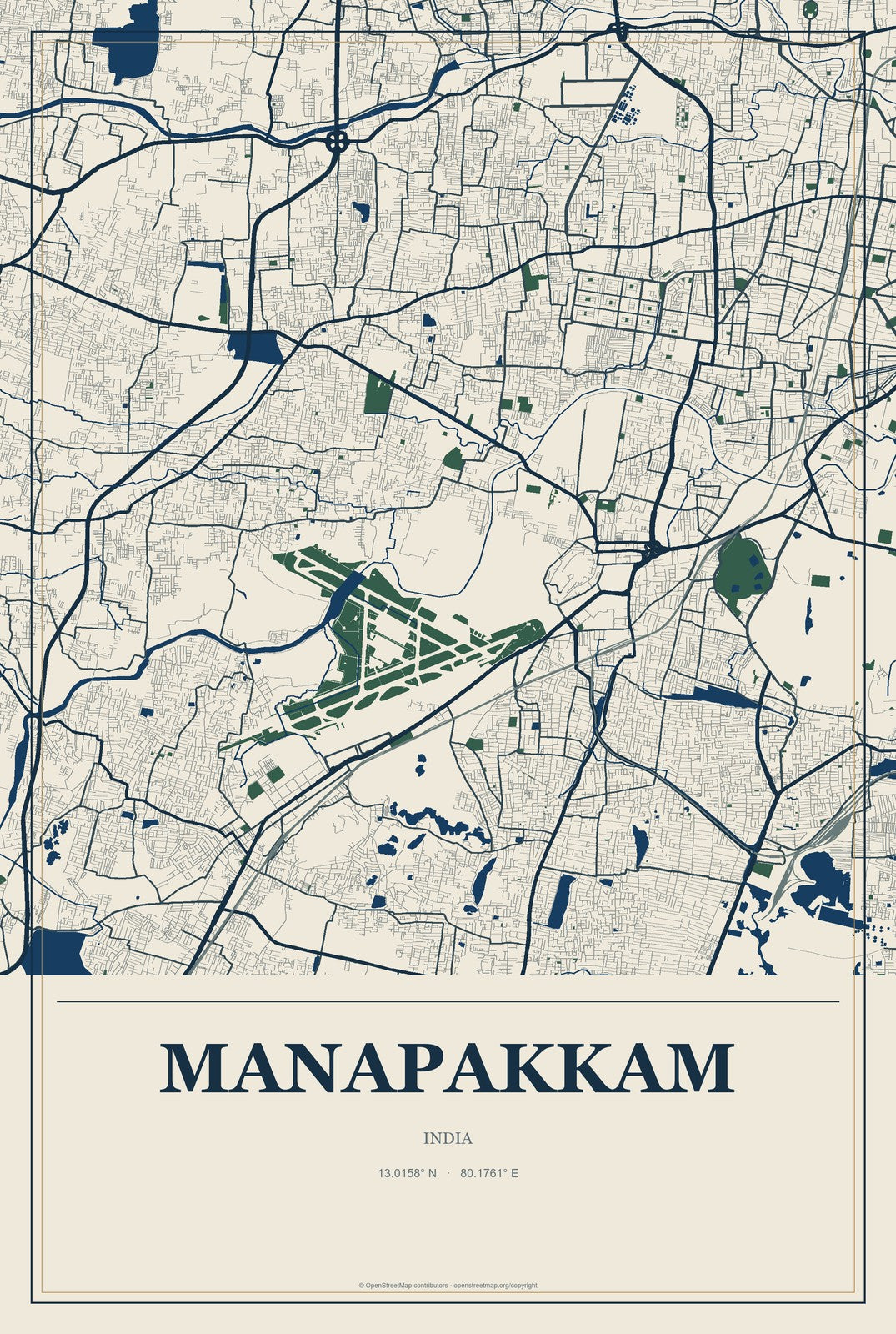 Manapakkam, India City Map Aluminum Sign in Coastal Cutout style