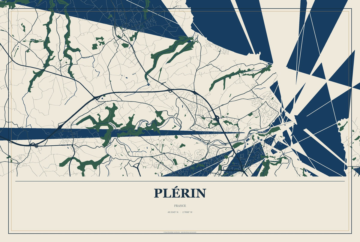 Plérin, France City Map Aluminum Sign in Coastal Cutout style