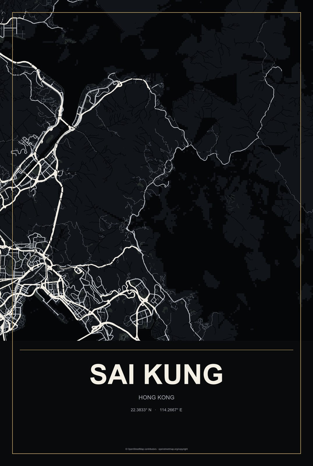 Sai Kung, Hong Kong City Map Aluminum Sign in Metropolitan Noir style