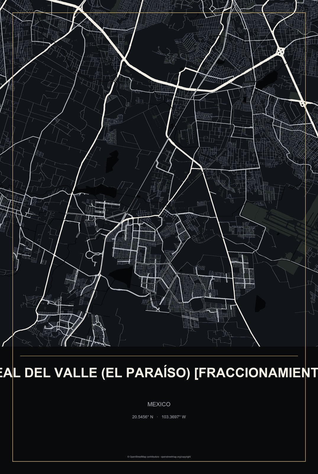 Real del Valle (El Paraíso) [Fraccionamiento], Mexico City Map Aluminum Sign in Metropolitan Noir style