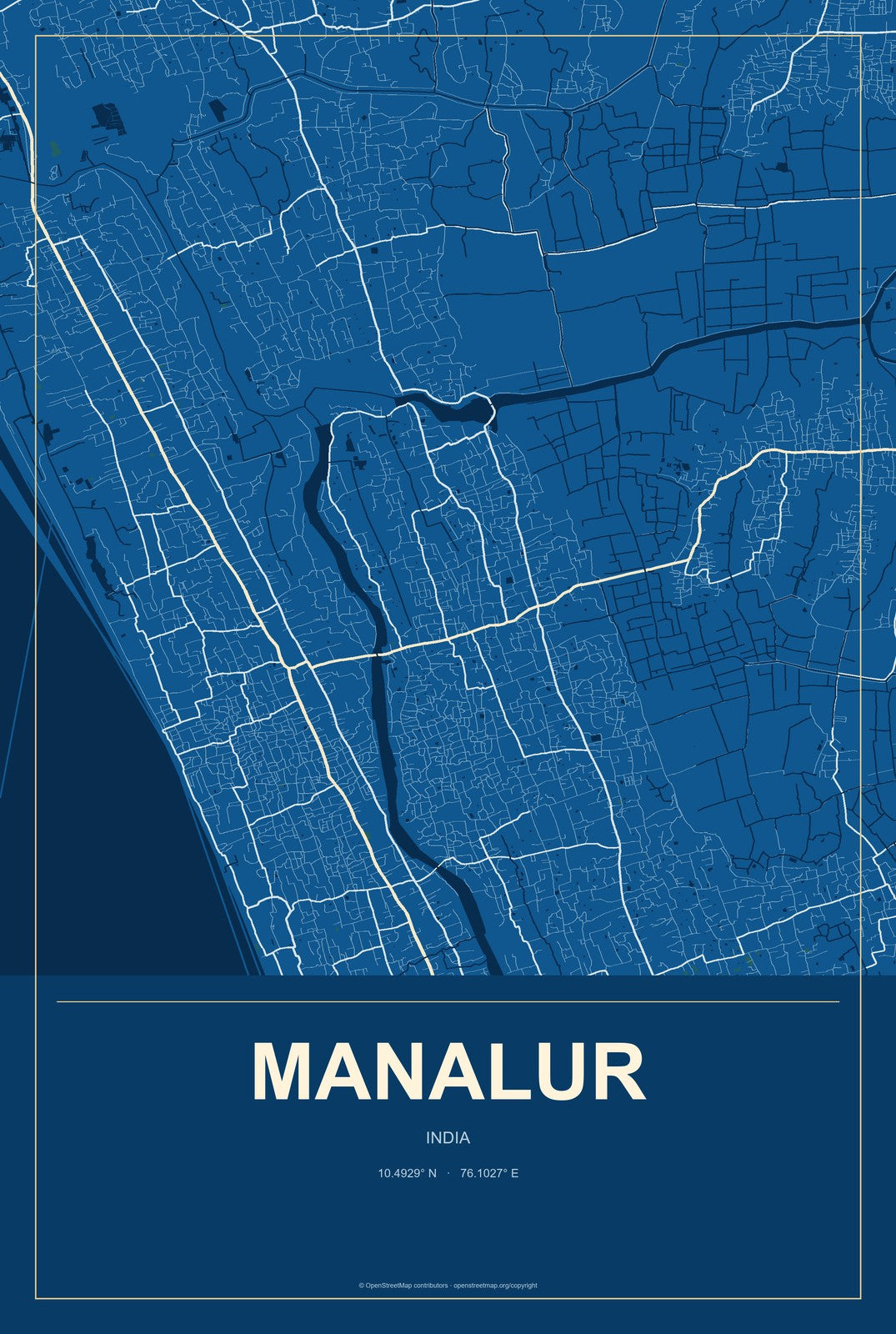 Manalur, India City Map Aluminum Sign in Harbor Cobalt style