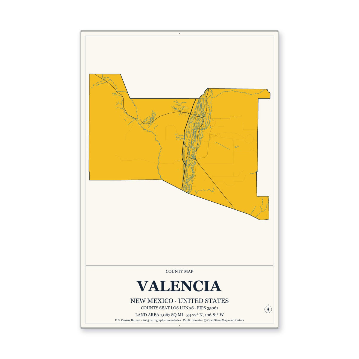 Valencia County, New Mexico Map Aluminum Sign in Citrine Modern style