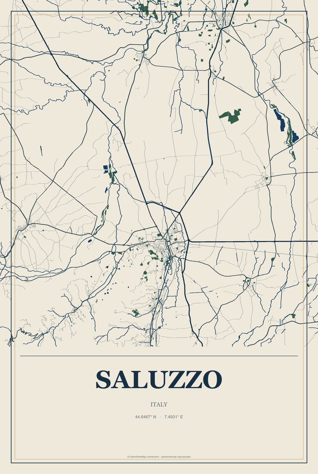 Saluzzo, Italy City Map Aluminum Sign in Coastal Cutout style