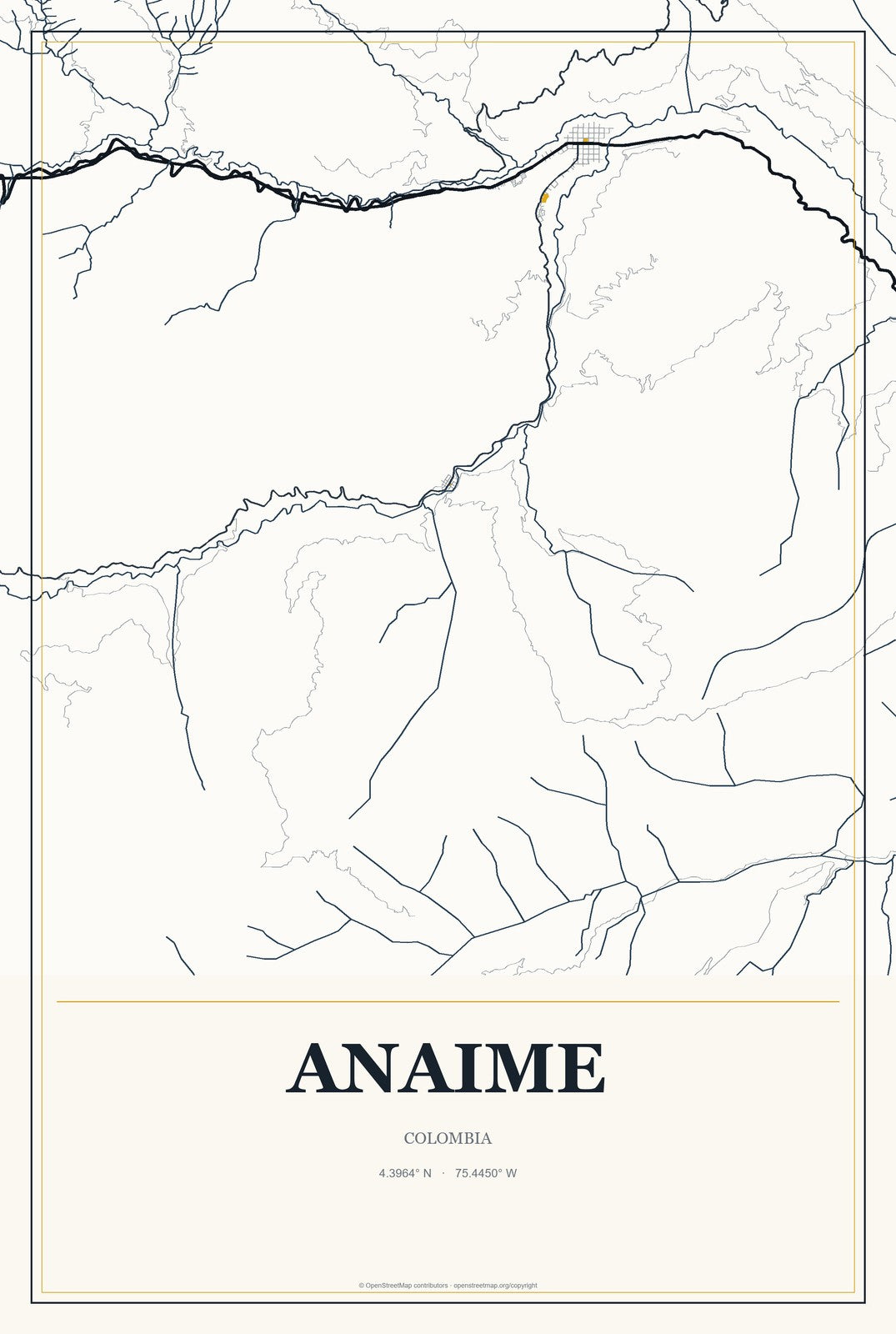 Anaime, Colombia City Map Aluminum Sign in Citrine Modern style