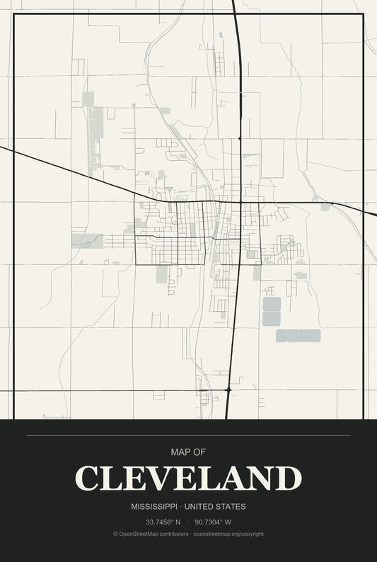 Cleveland, Mississippi City Map Aluminum Sign in Museum Plaque style