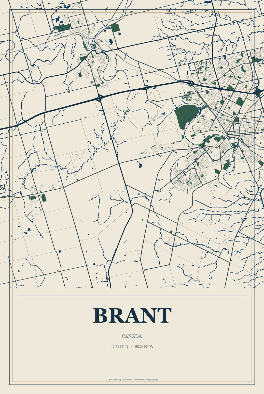 Brant, Canada City Map Aluminum Sign in Coastal Cutout style