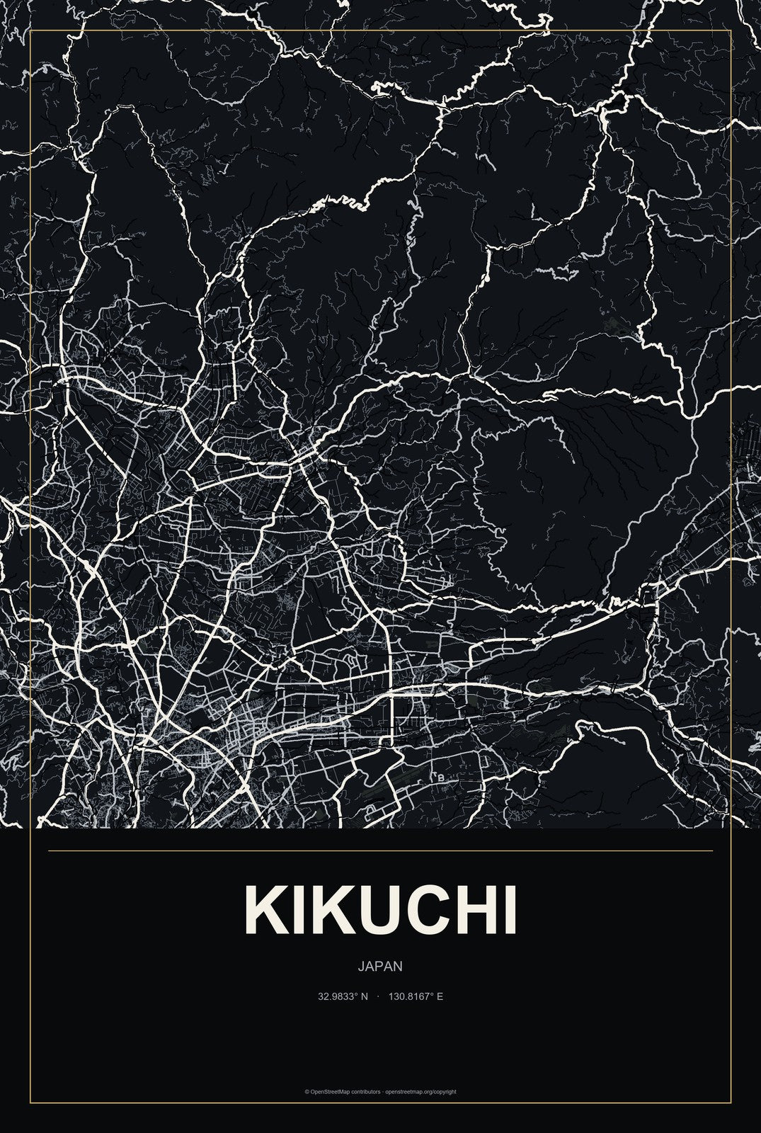 Kikuchi, Japan City Map Aluminum Sign in Metropolitan Noir style