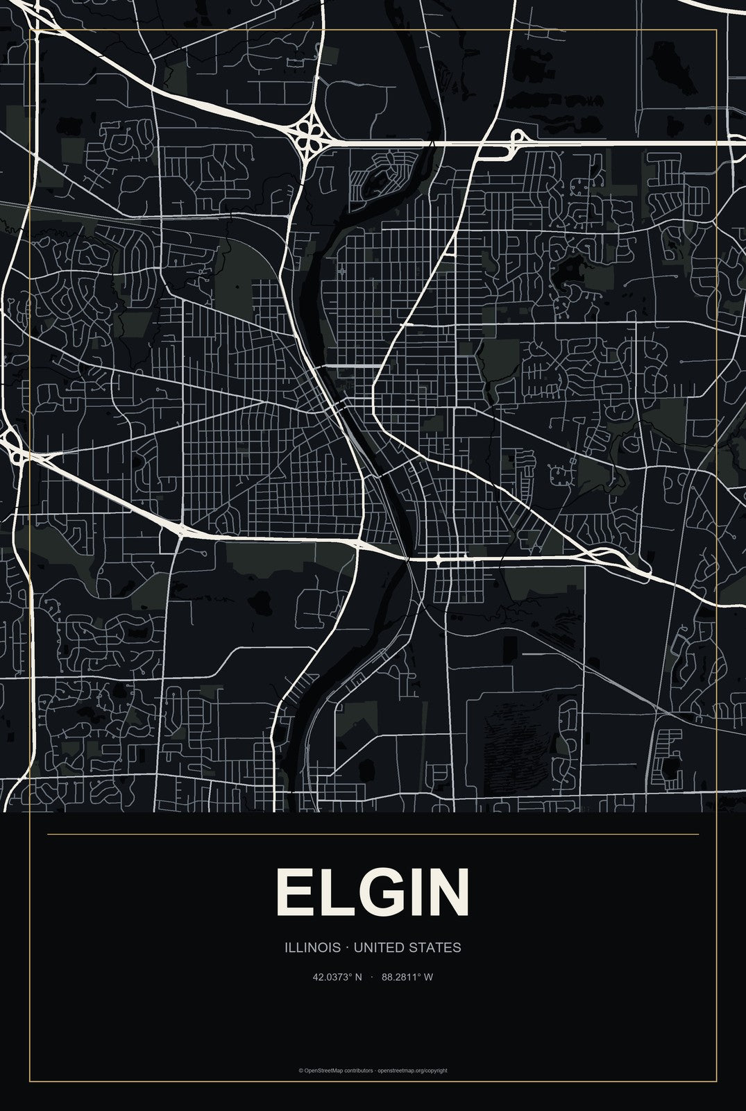 Elgin, Illinois City Map Aluminum Sign in Metropolitan Noir style