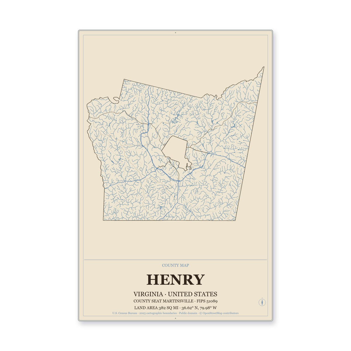 Henry County, Virginia Map Aluminum Sign in Heritage Nautical style