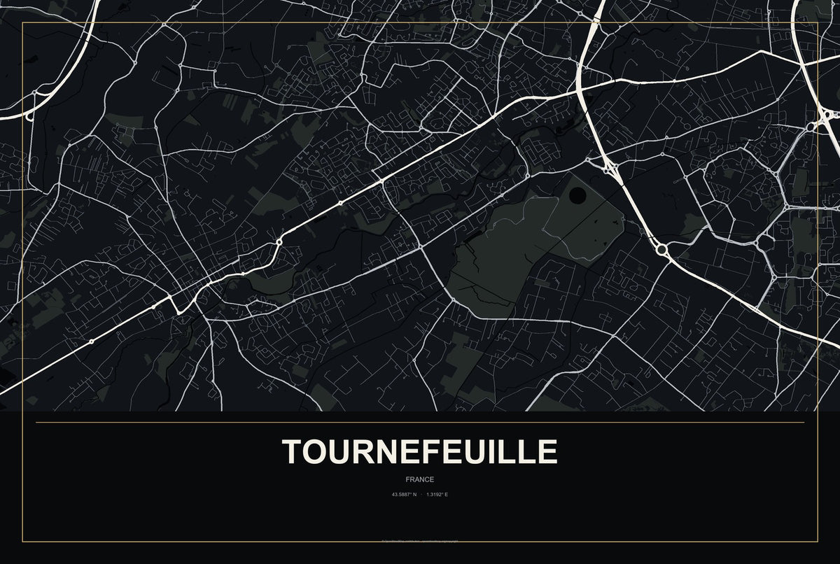 Tournefeuille, France City Map Aluminum Sign in Metropolitan Noir style