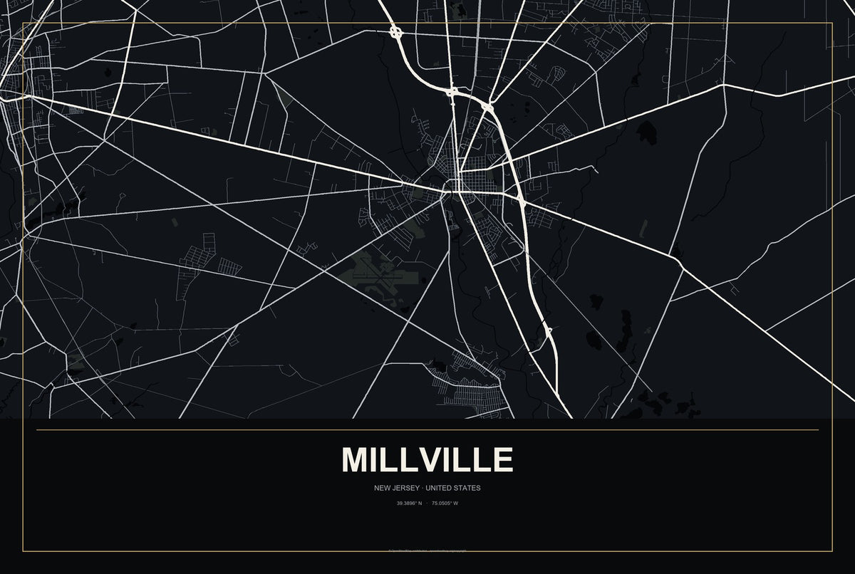 Millville, New Jersey City Map Aluminum Sign in Metropolitan Noir style