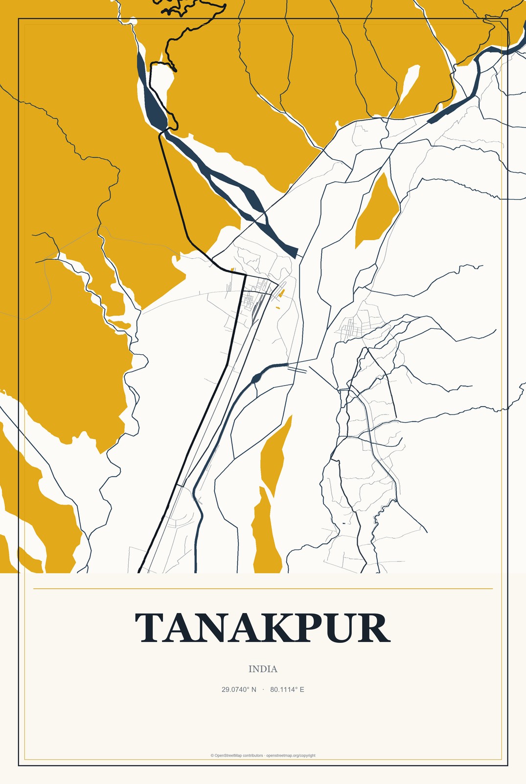 Tanakpur, India City Map Aluminum Sign in Citrine Modern style