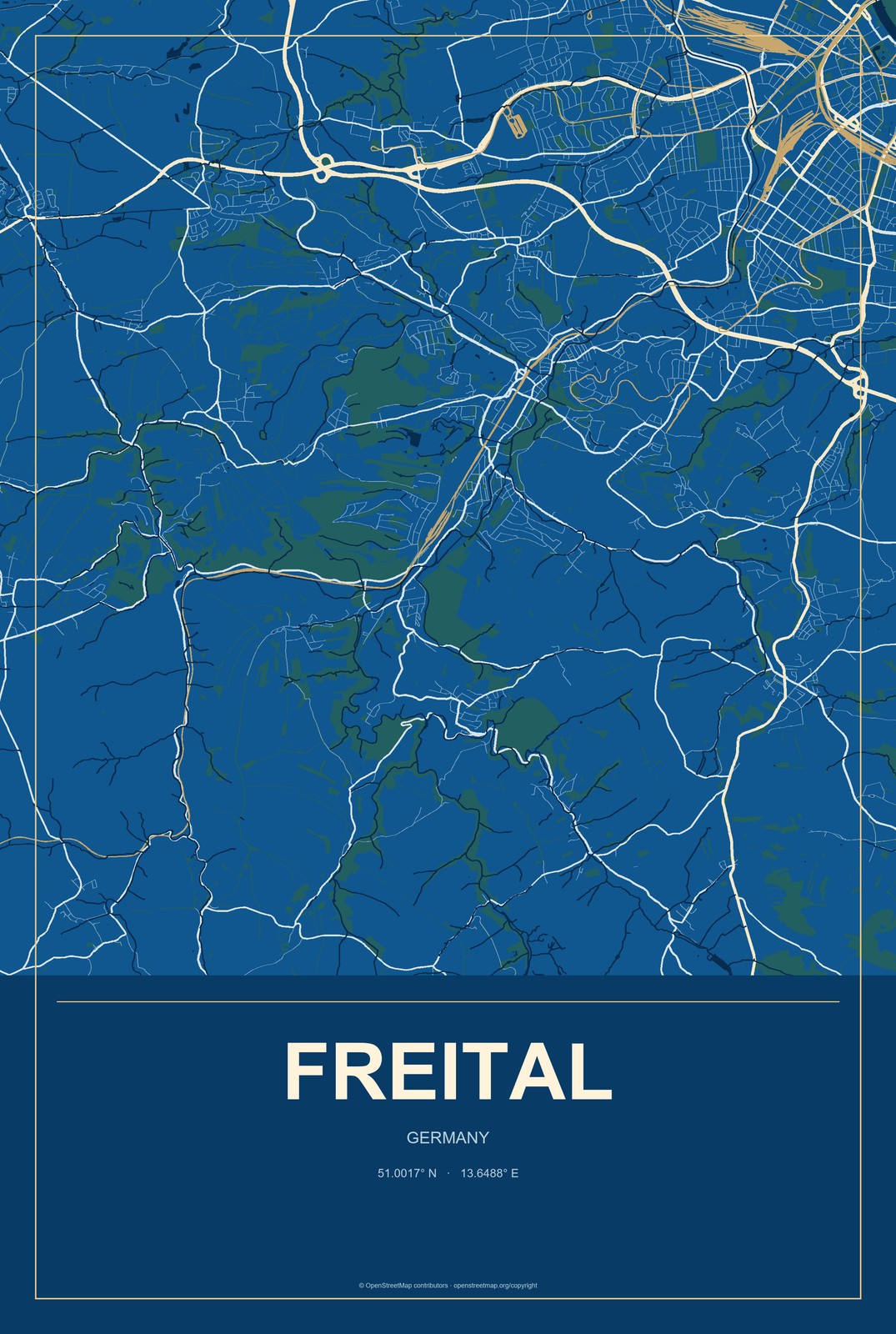 Freital, Germany City Map Aluminum Sign in Harbor Cobalt style