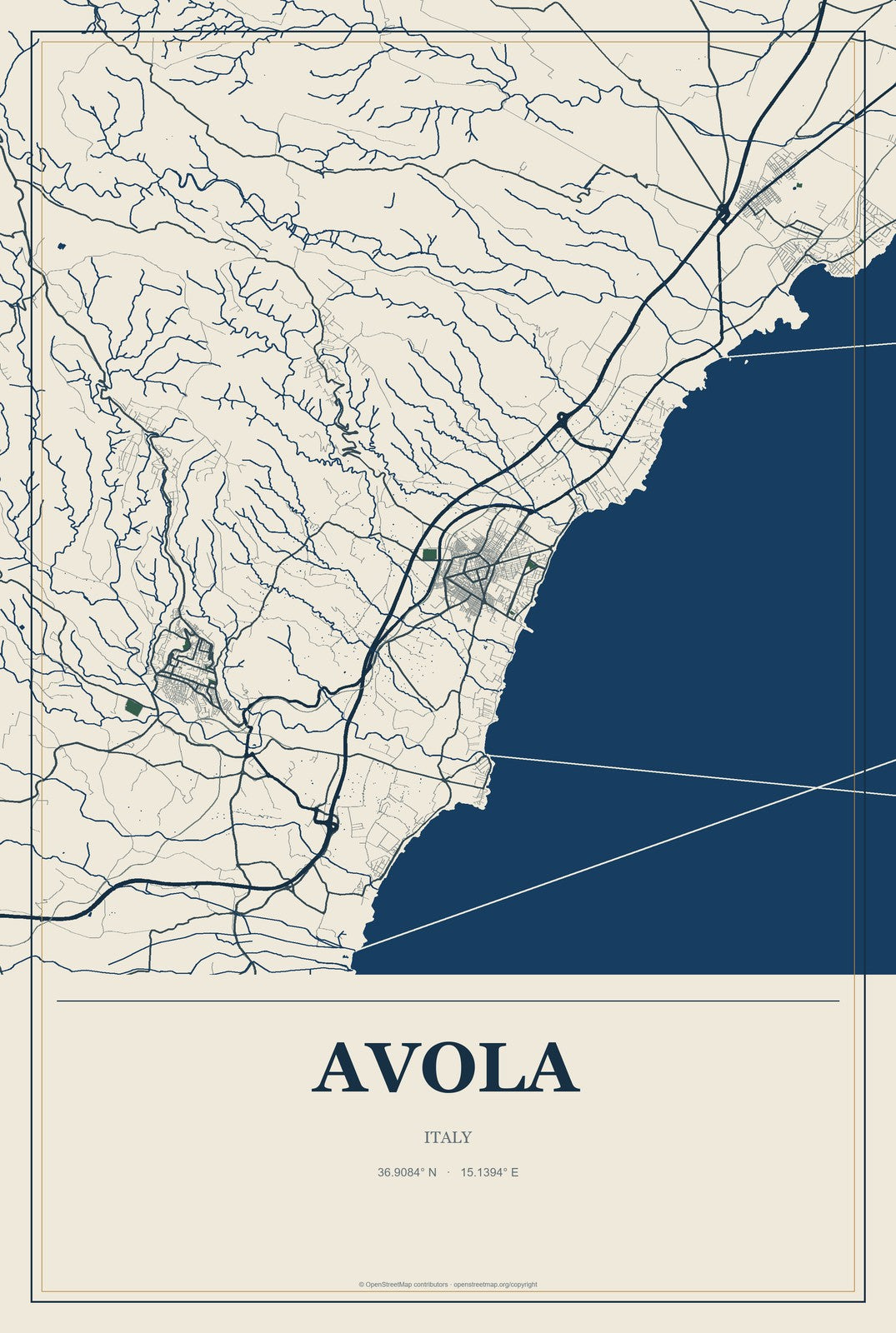 Avola, Italy City Map Aluminum Sign in Coastal Cutout style