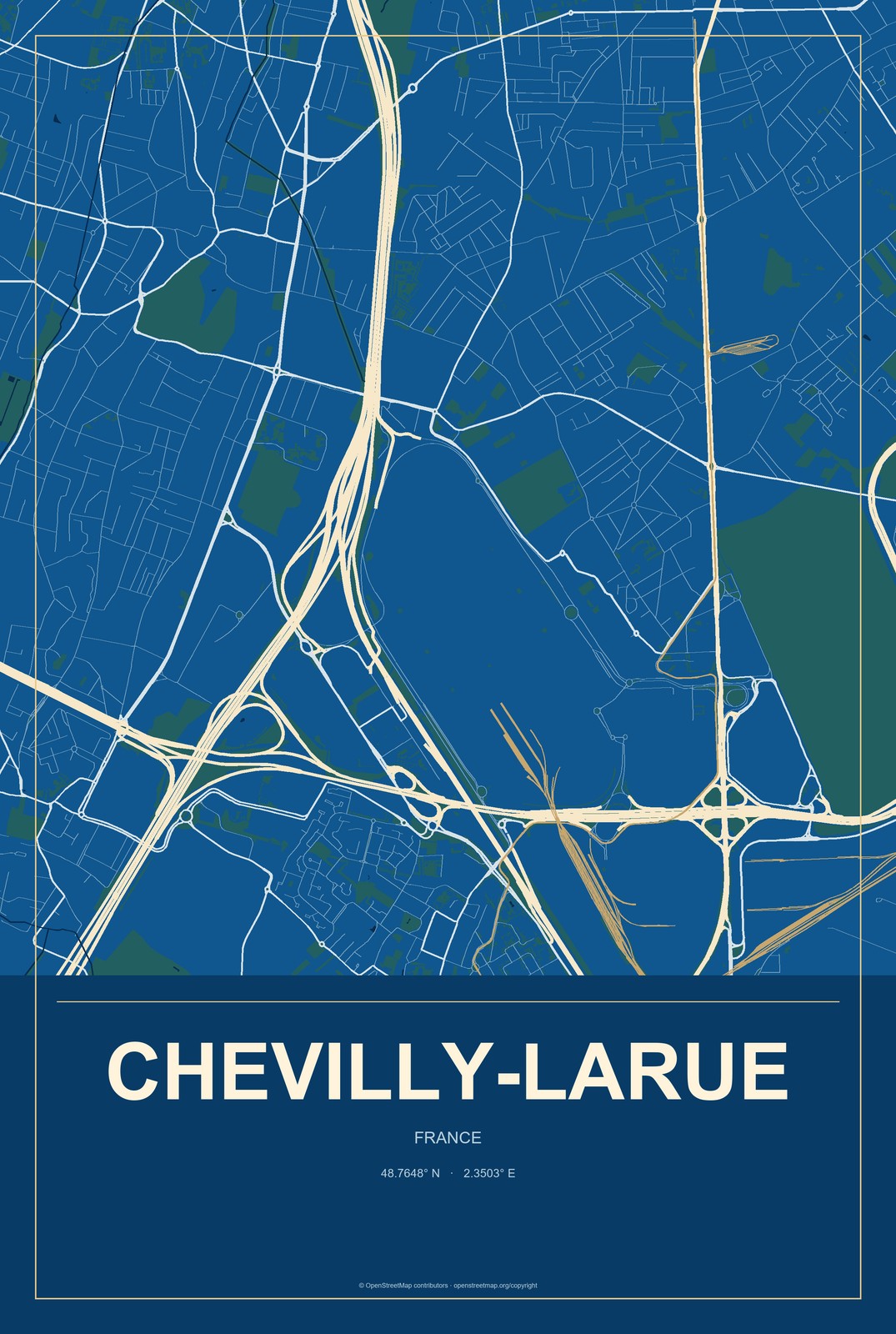Chevilly-Larue, France City Map Aluminum Sign in Harbor Cobalt style
