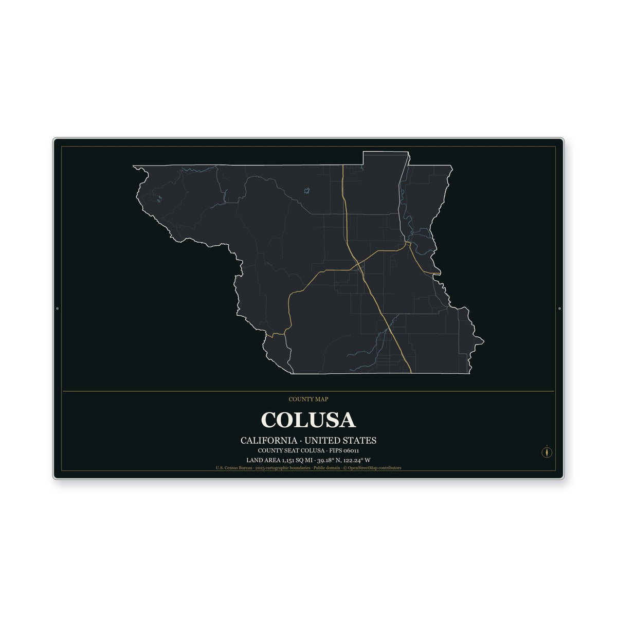Colusa County, California Map Aluminum Sign in Metropolitan Noir style