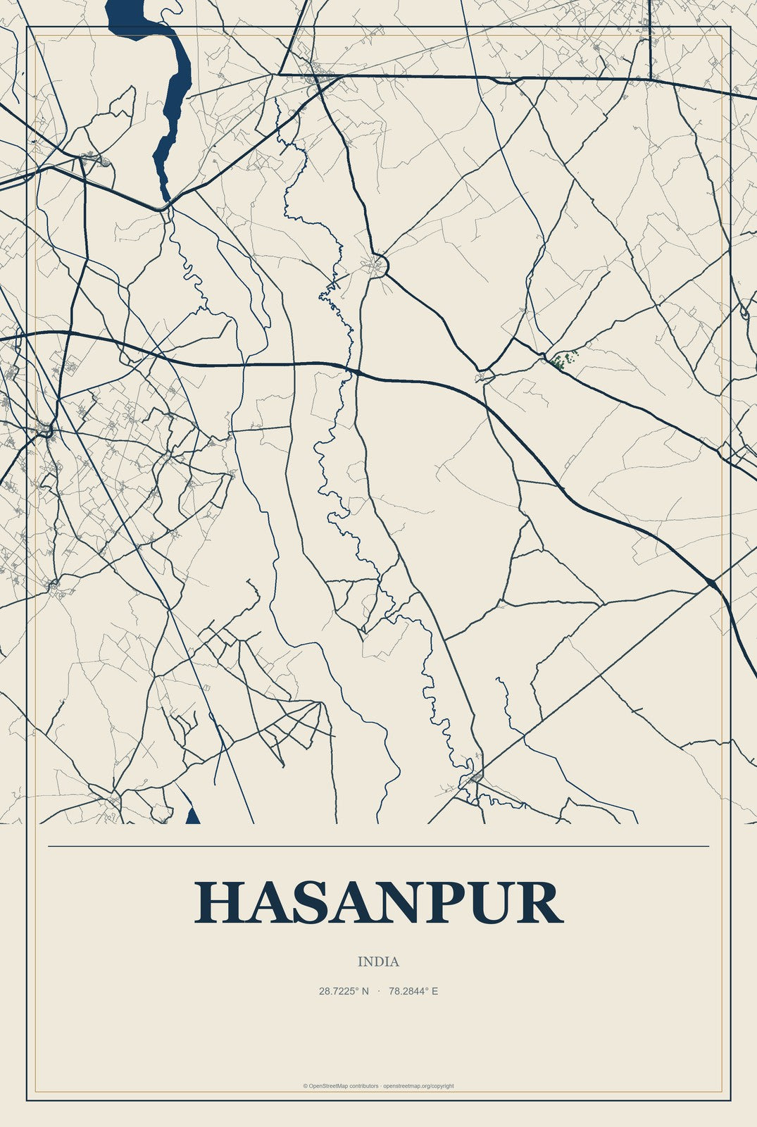 Hasanpur, Haryana, India City Map Aluminum Sign in Coastal Cutout style