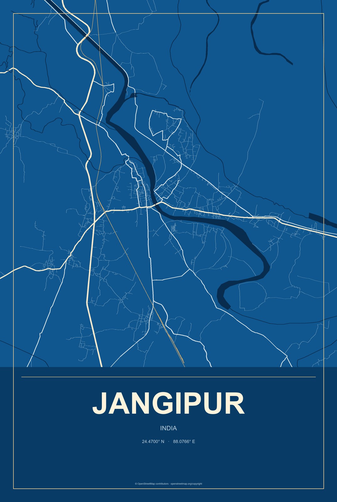 Jangipur, India City Map Aluminum Sign in Harbor Cobalt style