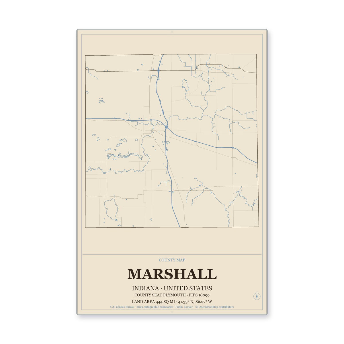 Marshall County, Indiana Map Aluminum Sign in Heritage Nautical style