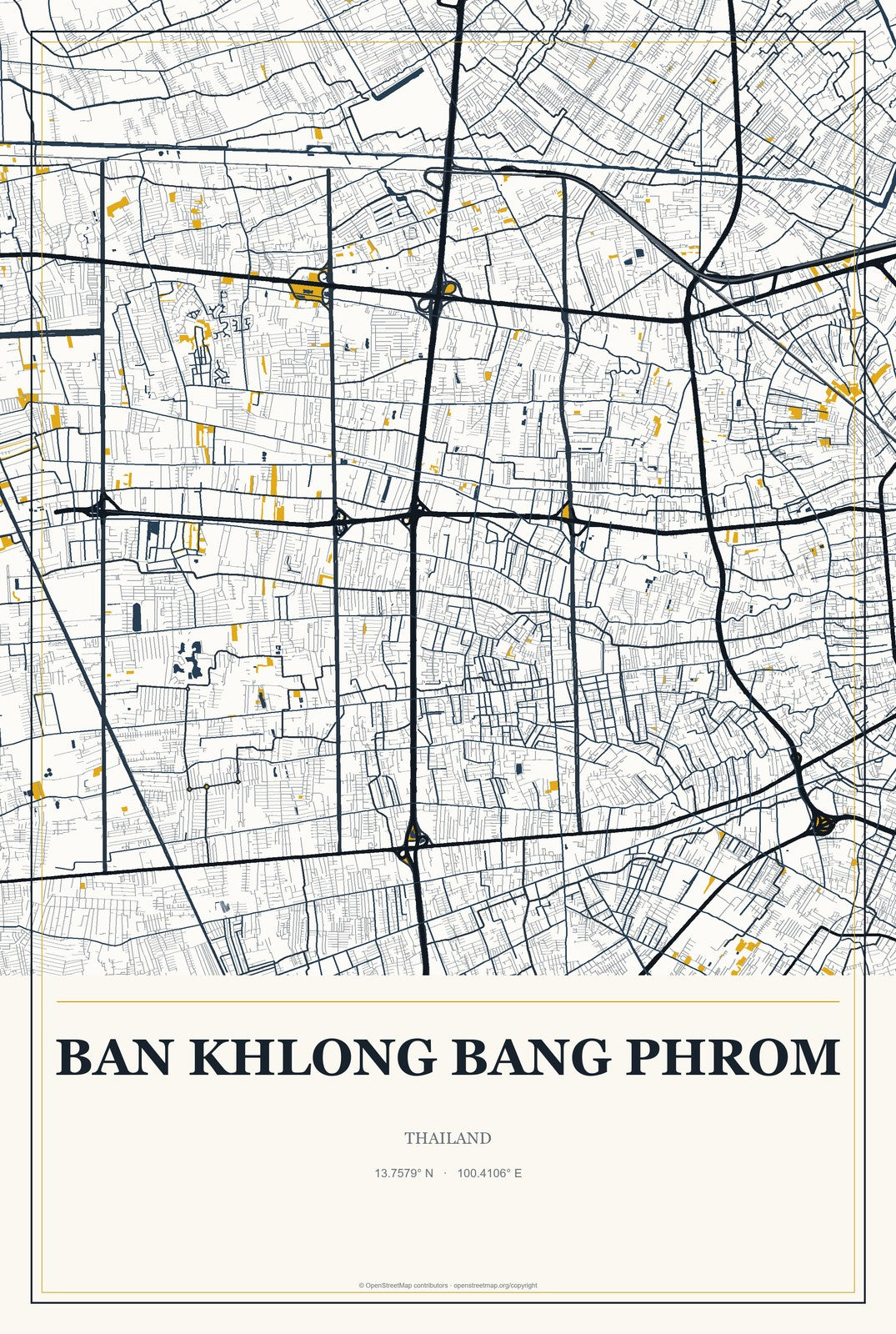 Ban Khlong Bang Phrom, Thailand City Map Aluminum Sign in Citrine Modern style