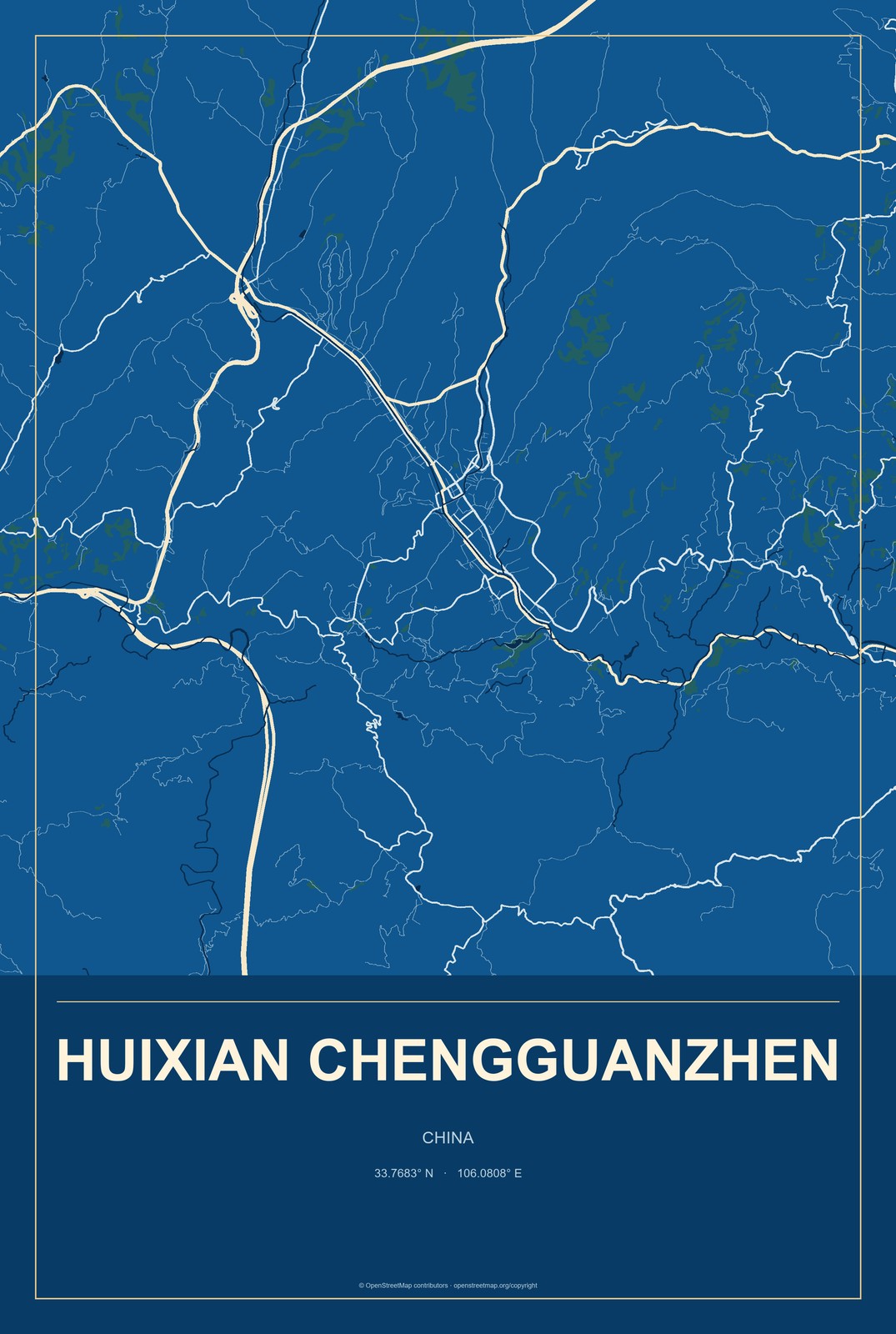 Huixian Chengguanzhen, China City Map Aluminum Sign in Harbor Cobalt style