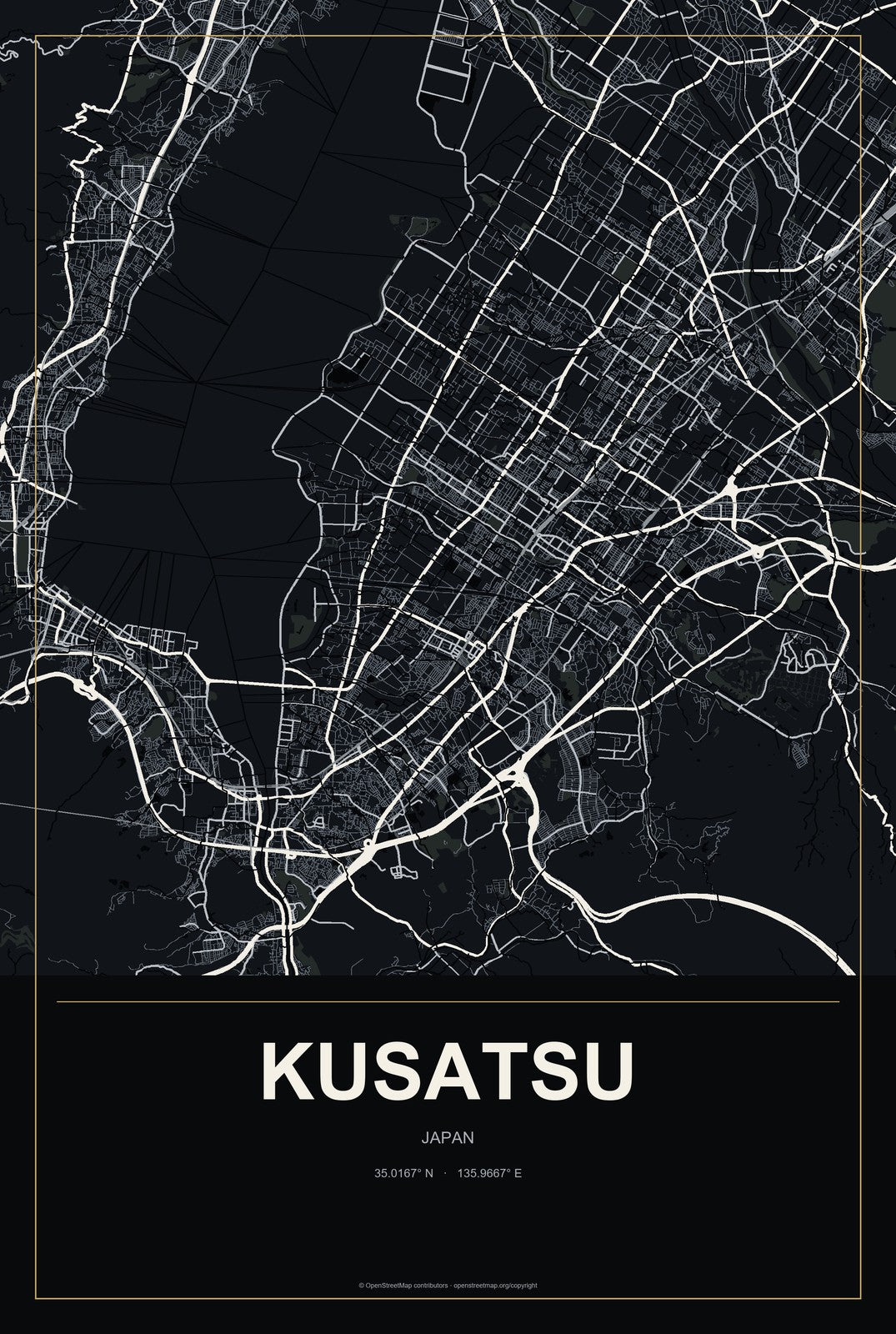Kusatsu, Japan City Map Aluminum Sign in Metropolitan Noir style