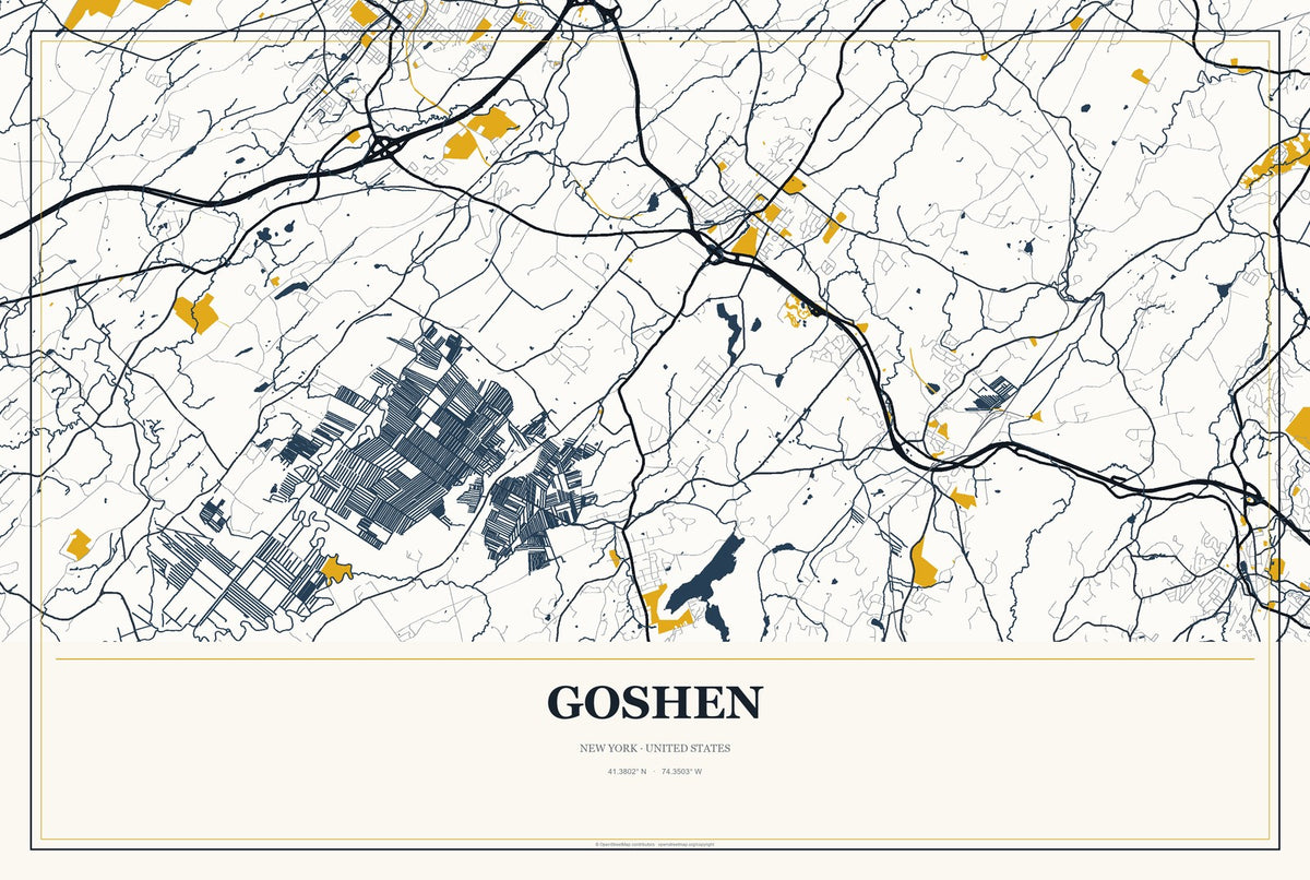 Goshen, New York City Map Aluminum Sign in Citrine Modern style