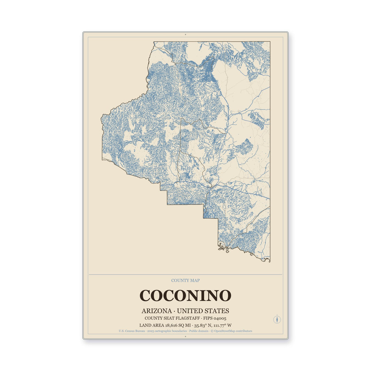 Coconino County, Arizona Map Aluminum Sign in Heritage Nautical style